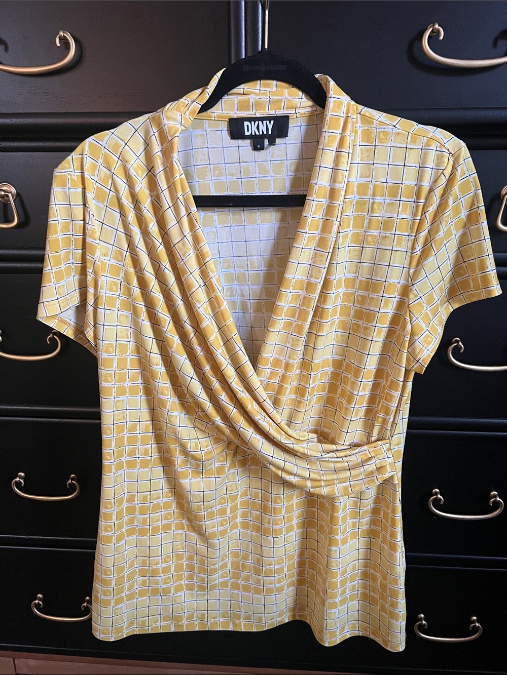 DKNY Yellow and White Grid Wrap-Front Blouse